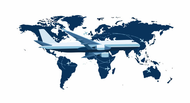 Global Aviation and International Logistics Concept: Airplane Flying Over World Map with Flight Paths