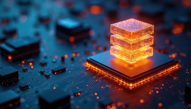 Glowing layered stack icon sits on microchip base. Circuit board shows data processing tech. Futuristic digital infrastructure and cloud computing connection. Information flow on system.