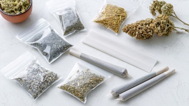 Dried cannabis, plant material, and pre rolled items packaged in plastic baggies and a bowl, arranged with rolling paper