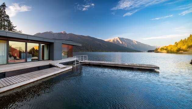 modern lakeside residence with boat dock against mountain backdrop