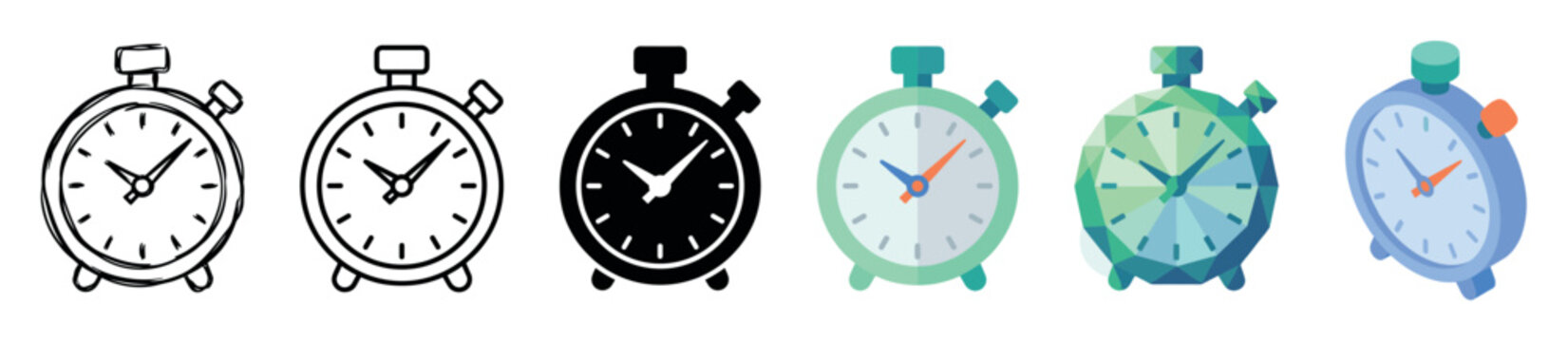 Stopwatch timer clock multi style icon set with doodle, outline, glyph, flat, low poly, and isometric styles
