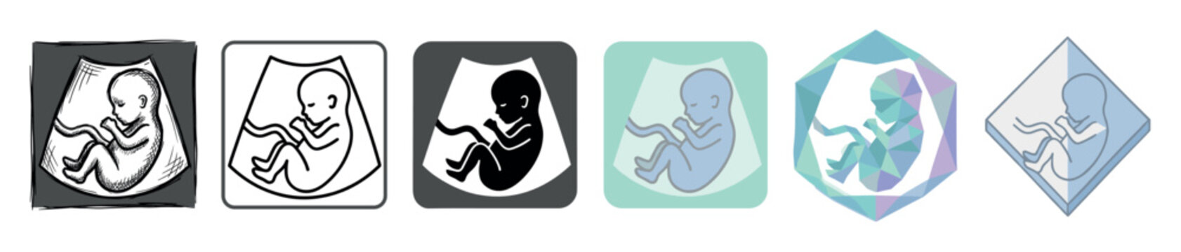Fetus ultrasound scan multi style icon set with sketch, outline, solid, flat, and polygonal styles