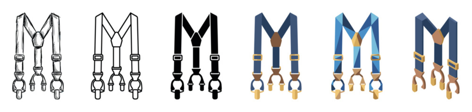 Suspenders clothing accessory multi style icon set with sketch, outline, solid, flat, low poly, and isometric styles