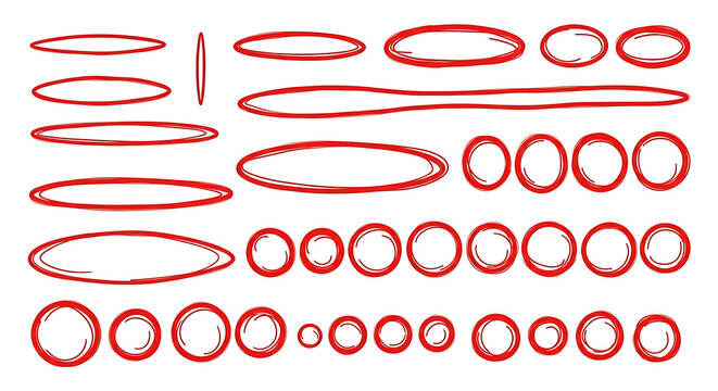 Red hand drawn circle and oval frame elements for highlighting text and marking important information with highlight emphasis correction feedback collection