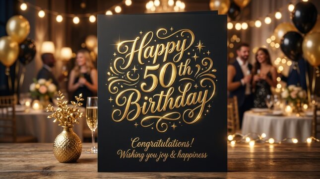 Festive happy 50th birthday golden script for party celebration greeting. Elegant calligraphy design for anniversary banner and