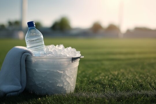 Cooling down after play, bucket with ice and bottle on grass