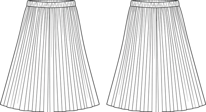 Elegant Pleated Midi Skirt Front and Back View Line Art Fashion Apparel Illustration for Women Clothing Design