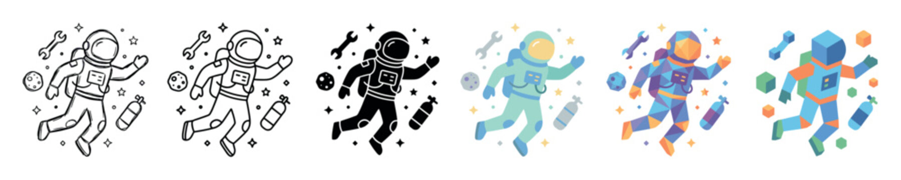 Astronaut floating in space with wrench, moon, stars, and oxygen tank multi style icon set