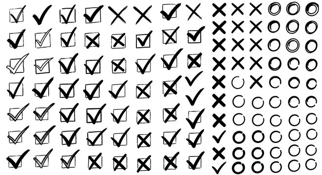 Large collection of hand drawn grunge style checkmark cross circle icons for yes no options and task completion x mark checkmark incorrect complete incomplete checkbox selection