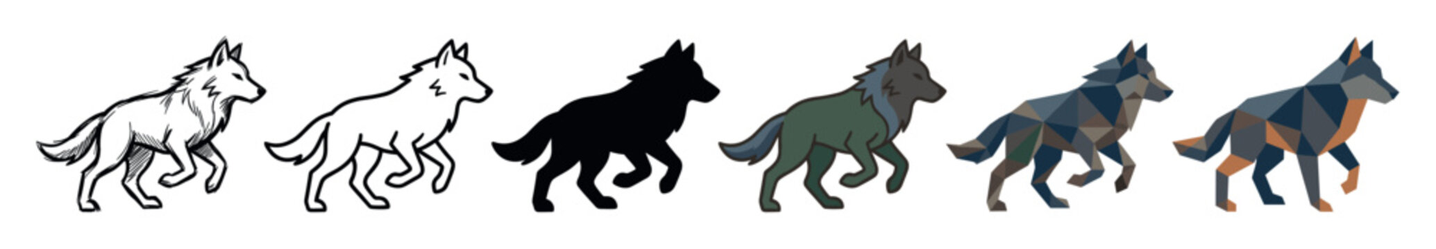 Wolf animal multi style icon set with hand-drawn sketch, outline, silhouette, flat color, and two low poly geometric designs, set