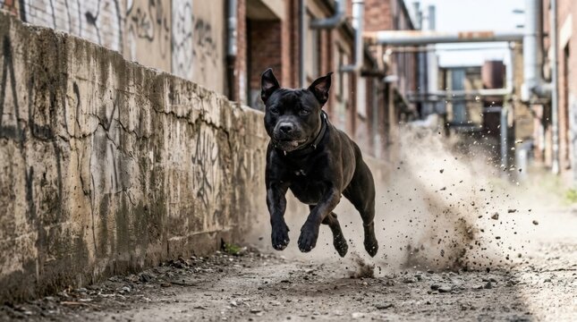 Black Dog Running Through Urban Alley