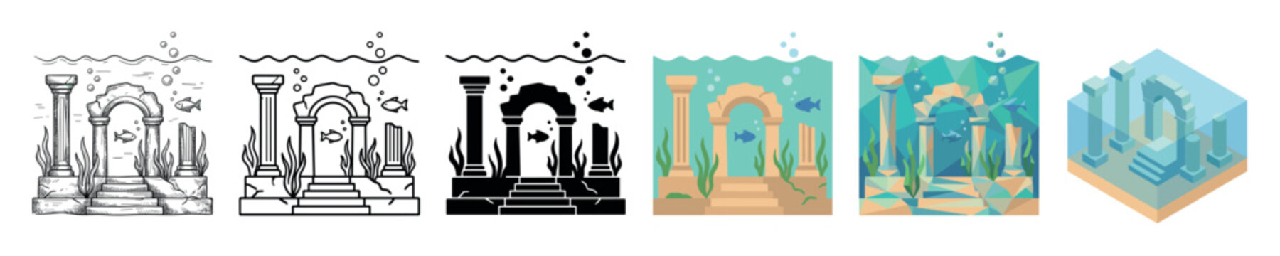 Underwater ancient ruins columns arch seaweed fish bubbles icon set multi style icon set for game design or educational materials