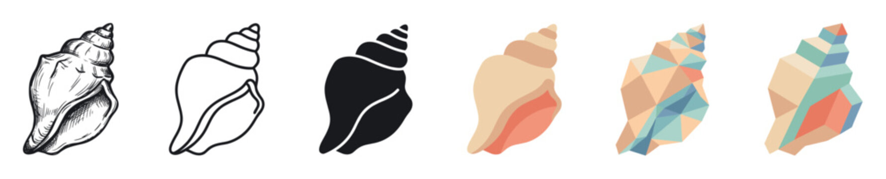 Seashell conch mollusk multi style icon set with sketch, outline, silhouette, flat, low poly, and isometric styles