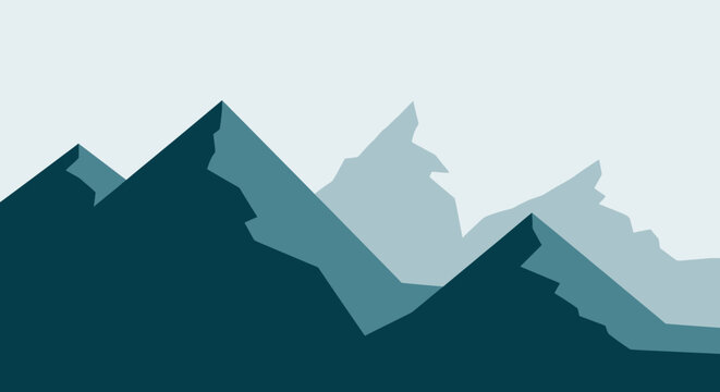 Serene Mountain Range Landscape, Minimalist Geometric Peaks, Teal Blue and Grey Gradient
