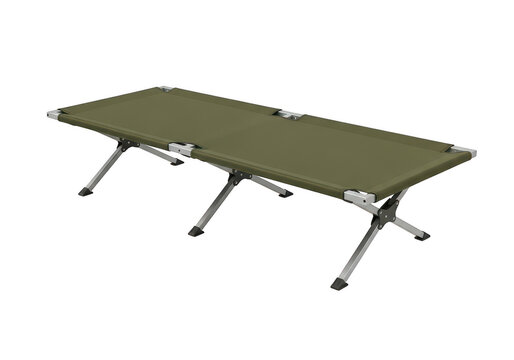 Olive green folding camping cot with metal frame isolated on a transparent background