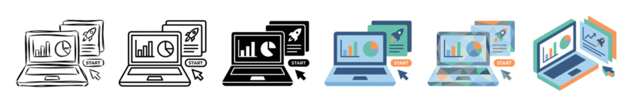Laptop computer screen showing business charts and rocket launch documents with a start button icon set multi style icon set