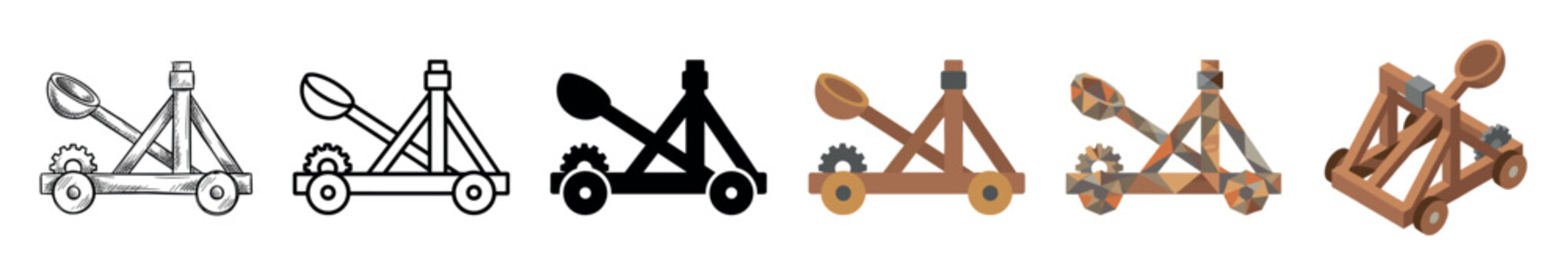 Catapult siege weapon multi style icon set with sketch, outline, glyph, flat, low poly, and isometric styles for historical warfare