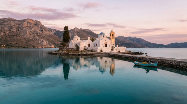 A serene photo of a white church on a small island with a boat nearby water