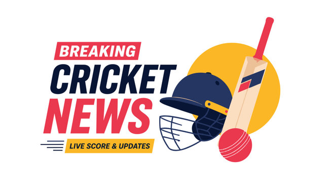 Cricket News Banner Featuring Bat Helmet Ball In Focus.