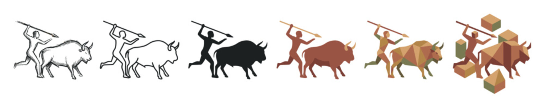 Hunter spear bison multi style icon set with sketch, outline, silhouette, flat, low poly, and isometric styles