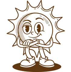 Obraz premium Groovy Retro Sun Character with Arms Crossed Swag Pose, Fun Cute Cartoon Illustration of Cool Confident Stylish Sun Shape with Bold Attitude in Vintage Groovy Style