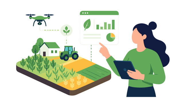 Female farmer using tablet on farm field.