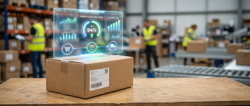 Digital marketing e commerce logistics fulfillment analytics dashboard shows efficiency and order tracking busy warehouse with