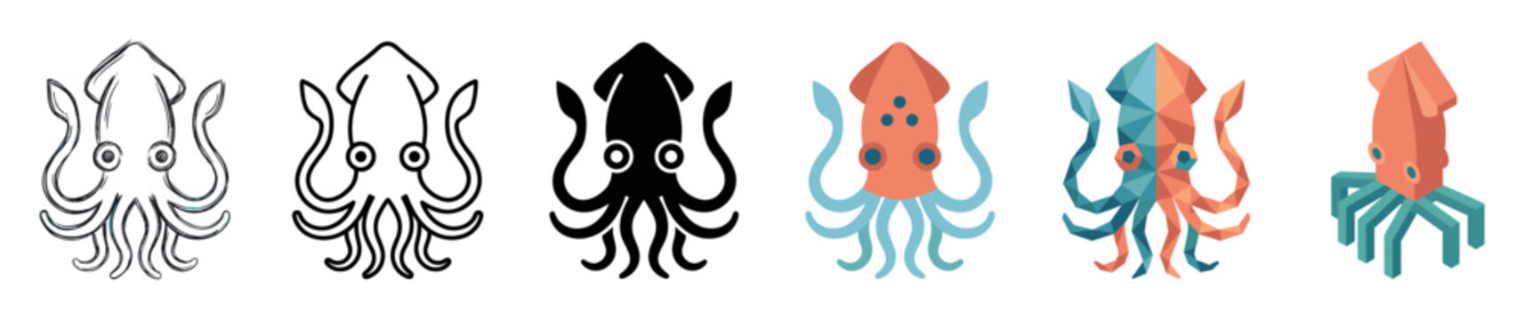 Squid octopus cuttlefish marine animal multi style icon set with doodle, outline, solid, flat, polygonal, and isometric styles