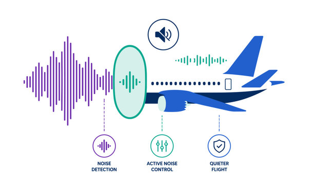 Airplane side view with digital audio wave graphics.