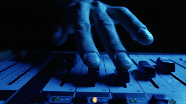 Hand reaches out and pushes up a fader on a professional sound mixing console. The scene is bathed in deep red light, creating a studio atmosphere. Concept of sound control and music production.