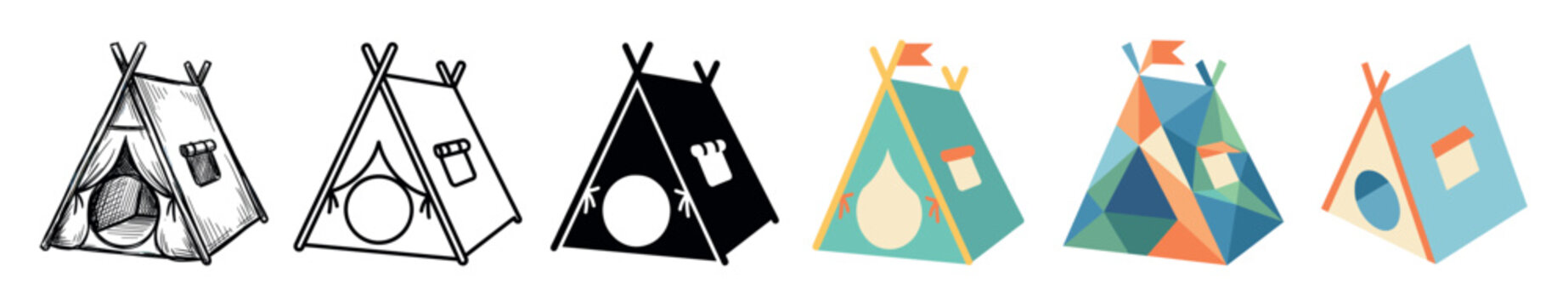 Teepee tent wigwam shelter multi style icon set with hand-drawn sketch, outline, solid, flat, polygonal, and isometric styles
