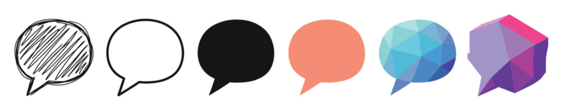 Speech bubble chat message multi style icon set with doodle, outline, solid, flat, low poly, and isometric styles
