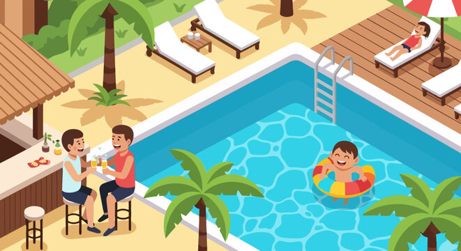 Friends enjoying drinks at a poolside bar, with one person relaxing in the swimming pool.