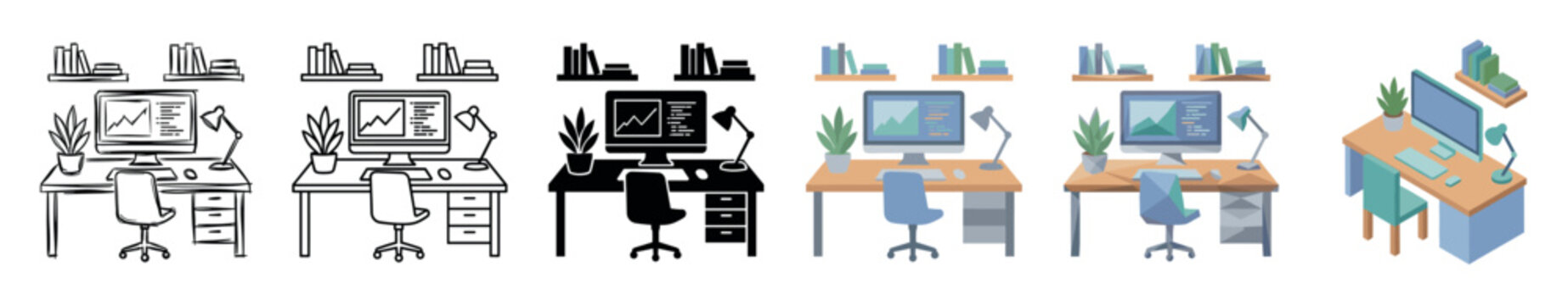 Desk computer chair lamp plant bookshelf multi style icon set with hand drawn, outline, silhouette, flat, low poly, and isometric styles for office or home worksp