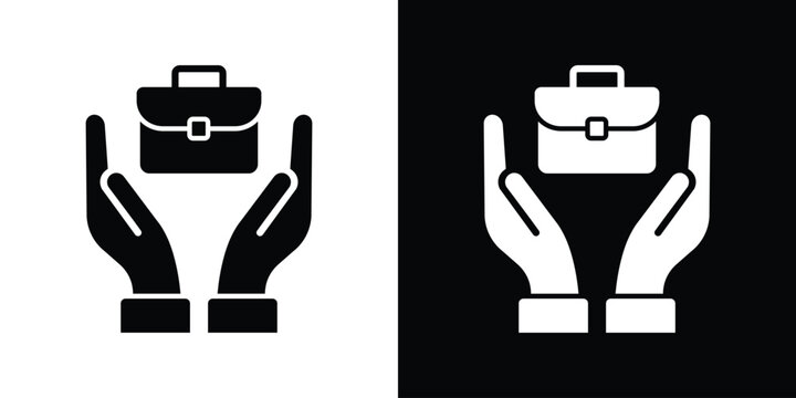 Business insurance and job security icon. Hands holding a briefcase, representing employment protection, corporate support, asset management, and financial care. Vector illustration.
