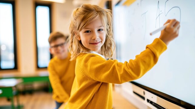 Young schoolgirl learning writing on interactive smart board in modern classroom with smiling boy