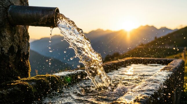 Fresh Mountain Water Stream in Golden Sunset