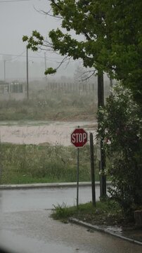 Stop sign at empty road intersection during downpour. Large puddles on roads with trees swaying in wind in small town. Vertical video of cloudy day during rainy season with no people.