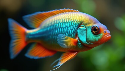 Fototapeta premium Colorful cichlid fish with iridescent scales swims in clear water. Aquatic creature displays vibrant blue green and orange fins. Close up of tropical freshwater aquarium pet.
