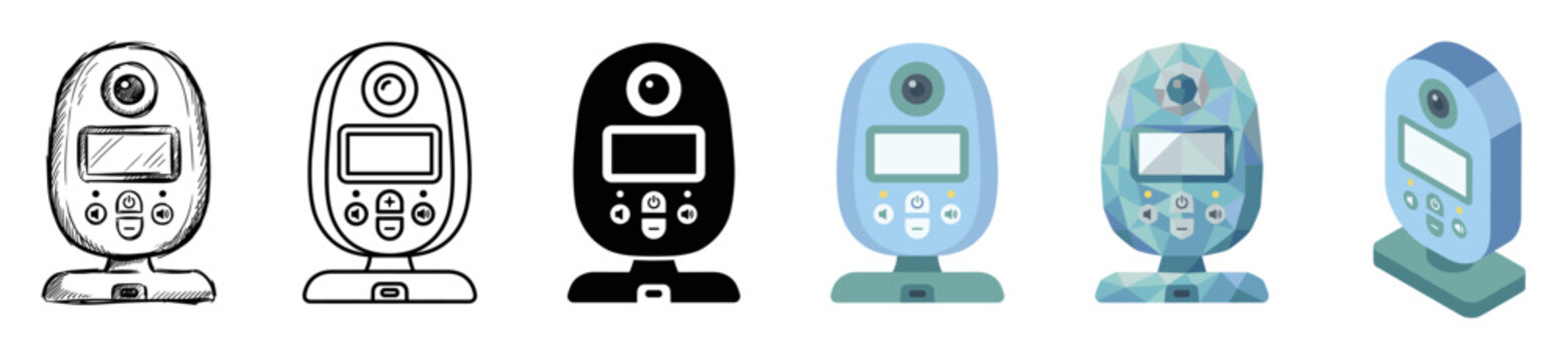 Baby monitor device multi style icon set with sketch, outline, glyph, flat, low poly, and isometric styles for childcare technology