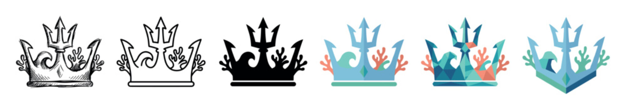 Crown trident wave coral multi style icon set with sketch, outline, solid, flat, and low poly