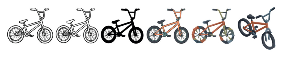 Fototapeta premium BMX bicycle bike cycling sport vehicle multi style icon set with outline, solid, flat, low poly, and isometric styles