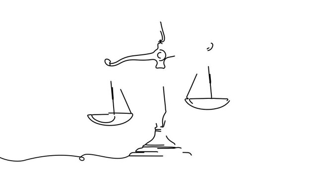 Animation of line drawing of balanced scale symbolizing justice and fairness.