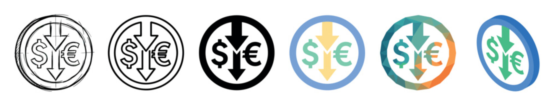Dollar Euro currency exchange rate decrease multi style icon set with sketch, outline, solid, flat, low poly, and isometric styles