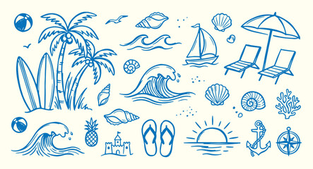 Obraz premium Beach vacation icons set with palm trees surfboards and seashells on cream background for summer travel and leisure concepts