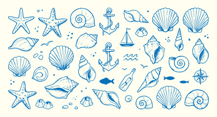 Nautical ocean elements with seashells starfish and anchors on cream background for coastal designs © Meizan 