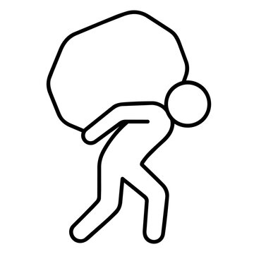 Man carrying heavy sack stick figure icon, minimalist line art of worker slumping under load for manual labor, logistics delivery, and moving service concept.