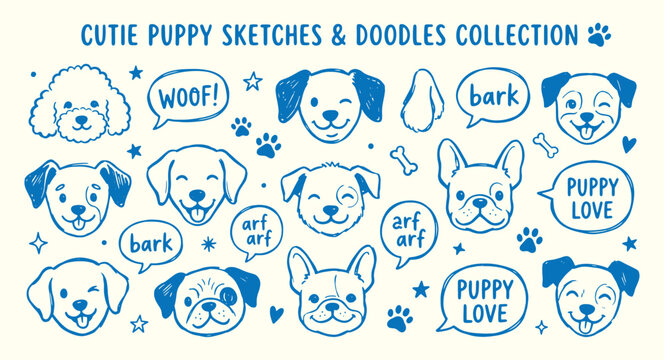 Cute puppy sketches and doodles collection with various dog faces speech bubbles and paw prints on cream background