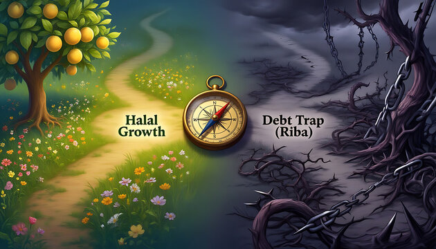 Conceptual illustration of sustainable prosperity versus financial entanglement representing ethical growth and debt traps