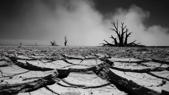 Dramatic black and white landscape of cracked earth with dead trees under a dark cloudy sky, depicting desolation